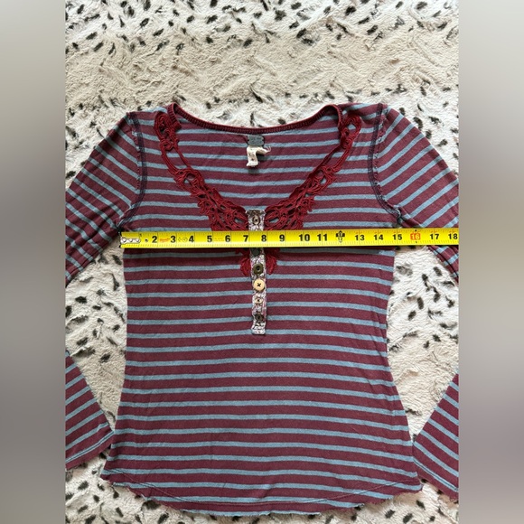 FREE PEOPLE We The Free Vintage Call Back Striped Henley Lace Long Sleeve Top - Picture 2 of 5